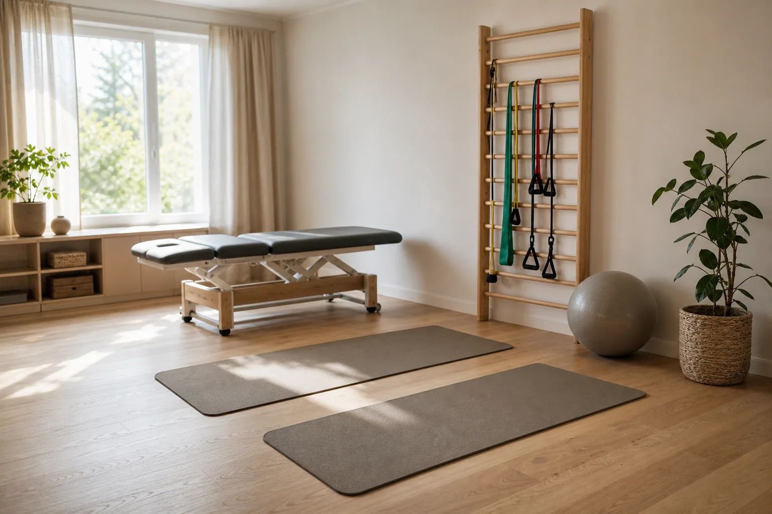 Sala de la clínica con camilla, luz natural y materiales cálidos